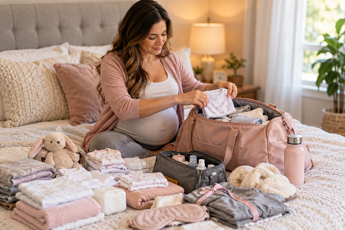 Pregnant woman packing a hospital bag for labor and delivery at home