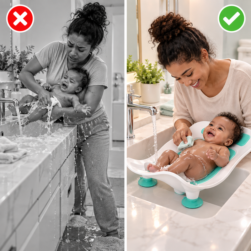 Before and after comparison showing awkward baby washing at a sink versus using the Baby Bottom Washer comfortably