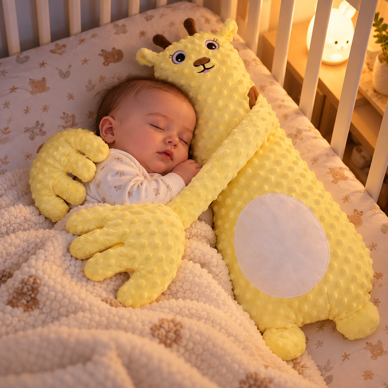 Soothing Sleep Comforter yellow giraffe with sleeping baby in crib