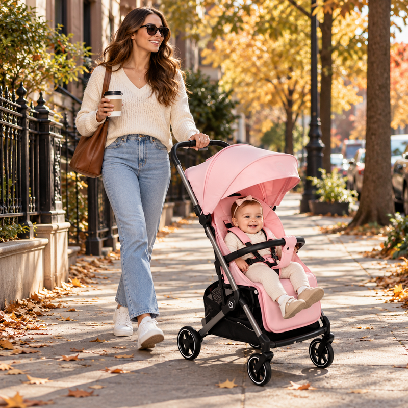 American mom walking a smiling baby in the pink lightweight stroller on an autumn city sidewalk