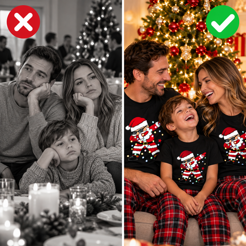 Before and after: bored family in plain sweaters versus joyful family in matching Santa Christmas T-shirts