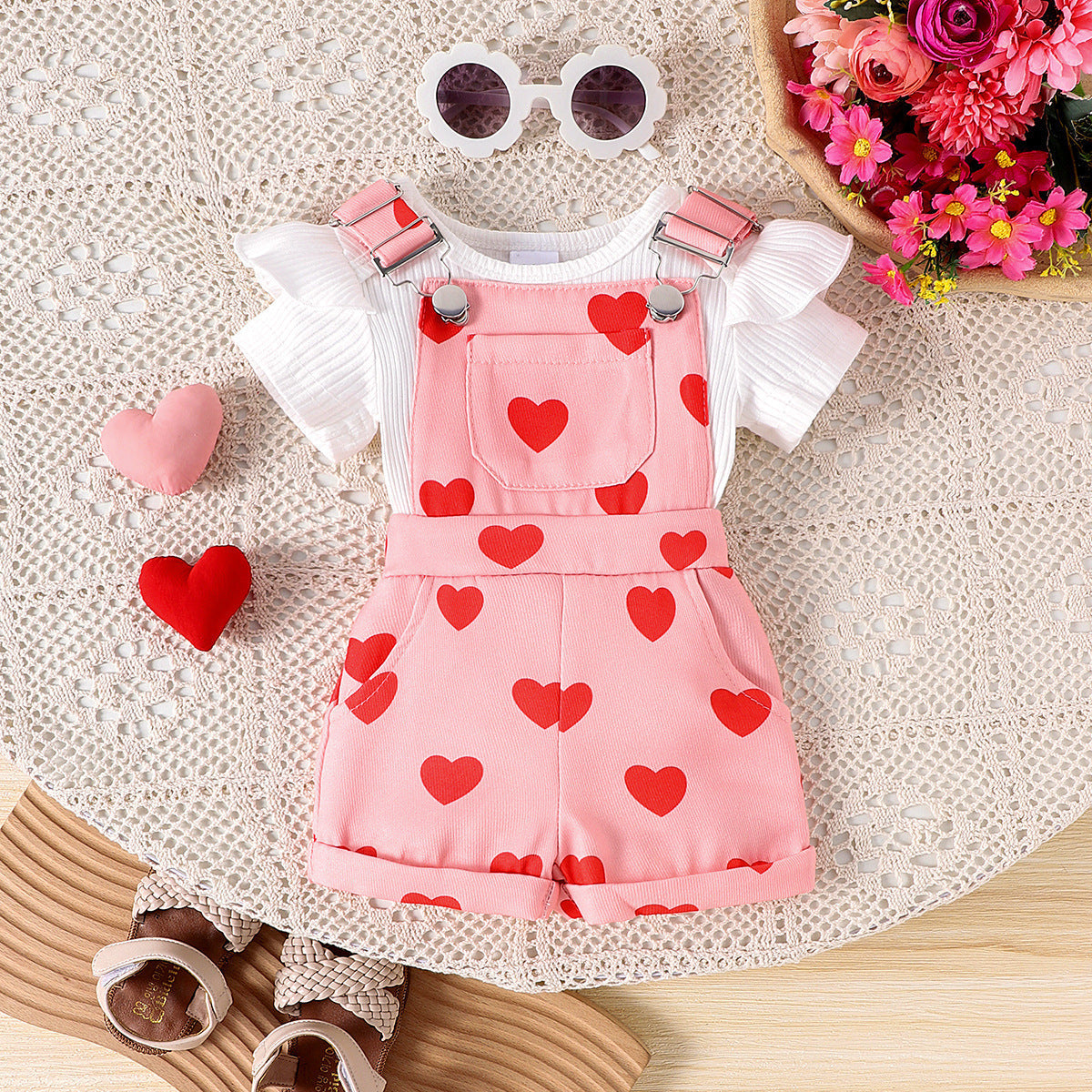 Girls cotton printed top and overalls set