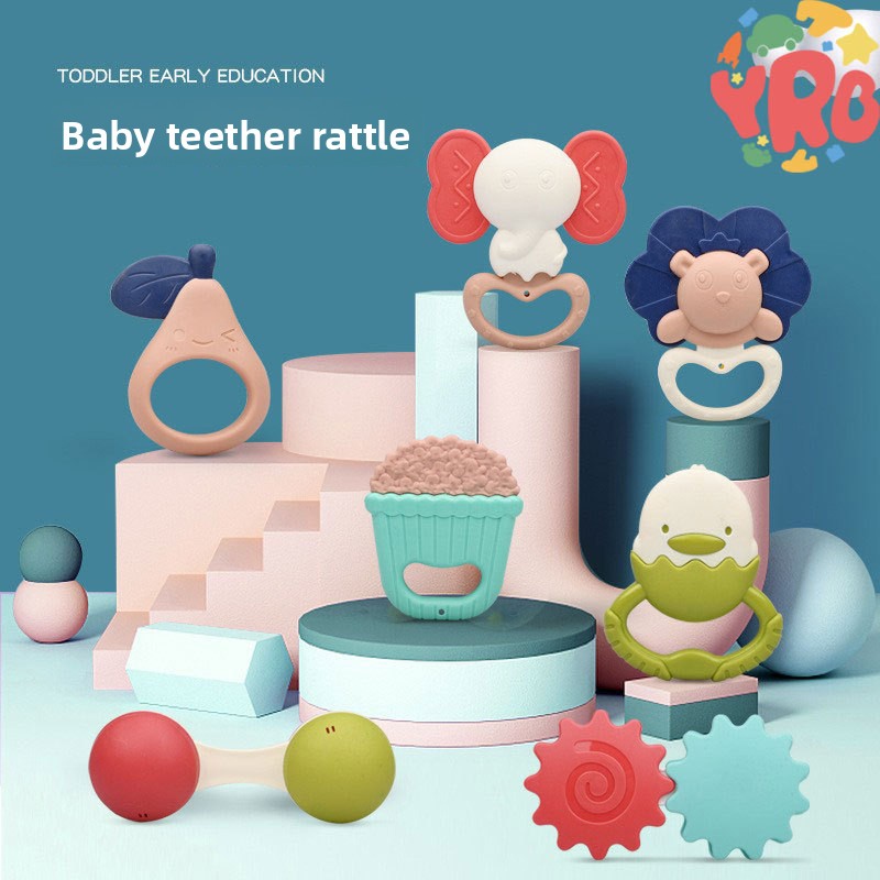 Silicone baby teether and rattle set