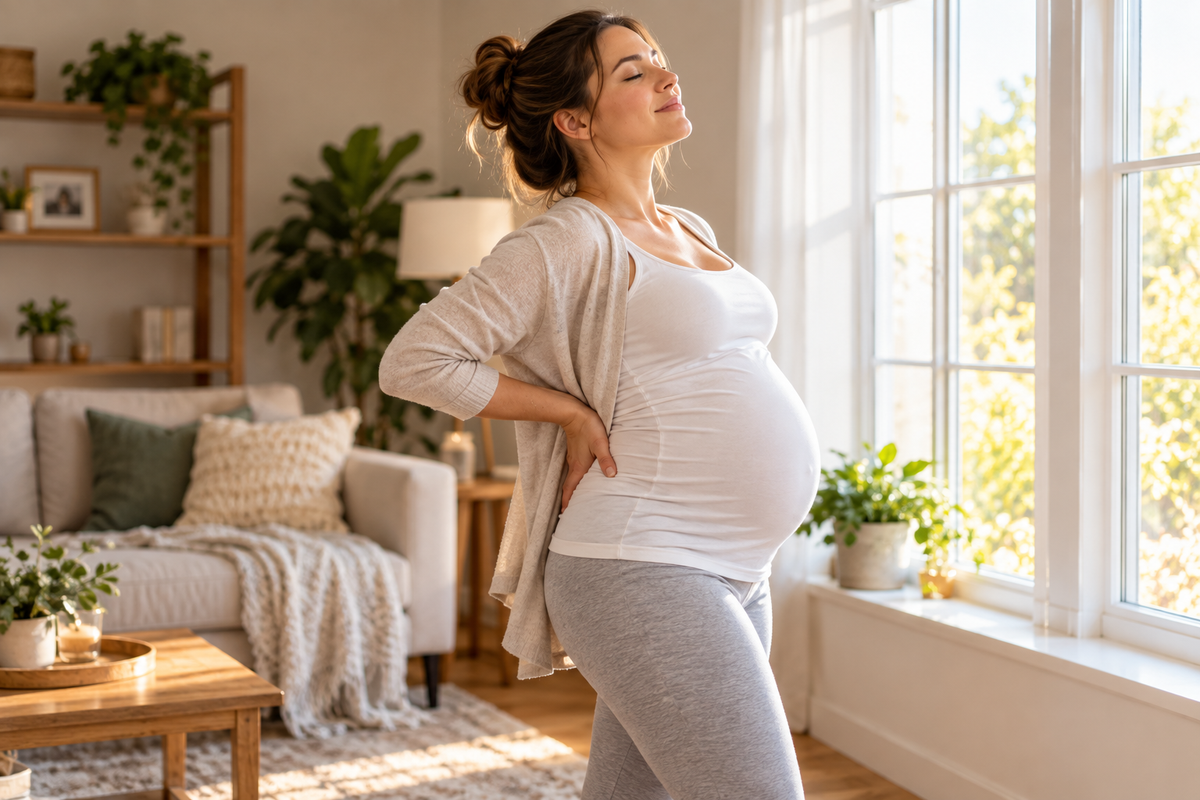 Pregnant woman gently stretching her lower back at home