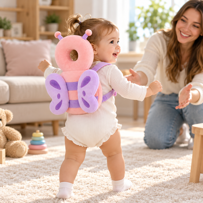 Anti-Fall Pillow butterfly cushion worn by a happy toddler learning to walk with a parent nearby