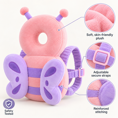 Anti-Fall Pillow construction infographic highlighting soft plush fabric, adjustable secure straps, and reinforced stitching