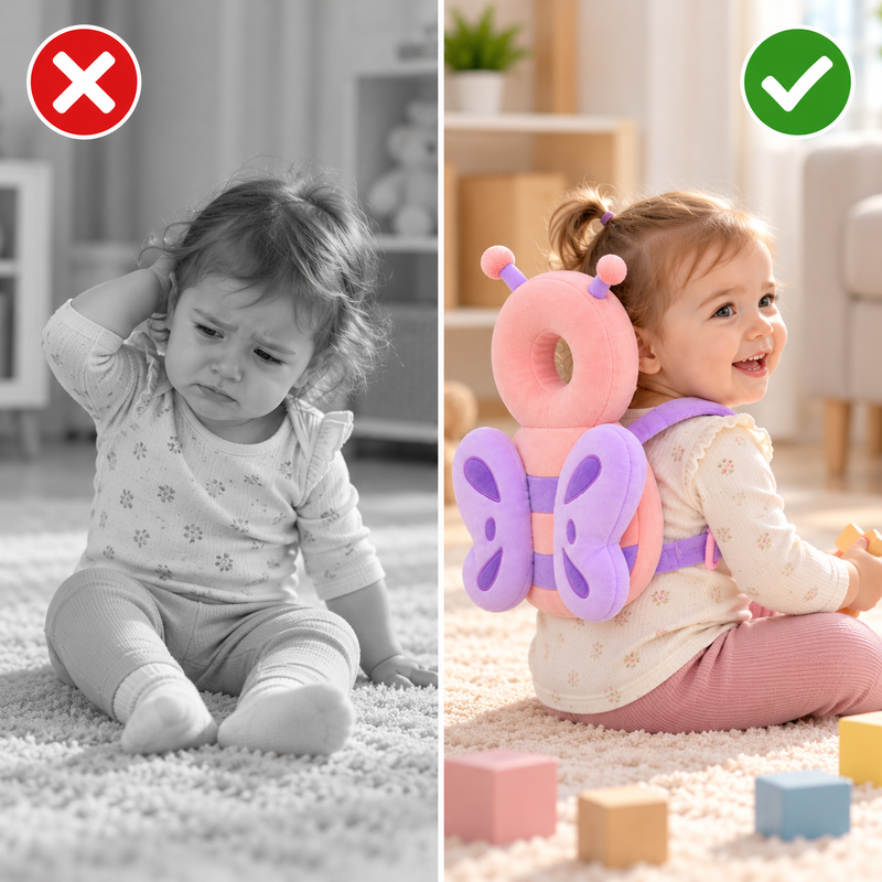 Before and after comparison of a toddler without head protection versus wearing the pink butterfly Anti-Fall Pillow