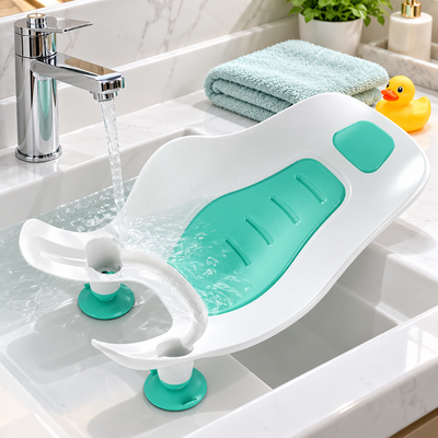 Baby Bottom Washer in use on a bathroom sink, showing the white basin with mint-green cushion and suction feet