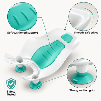 Baby Bottom Washer construction infographic showing strong suction grip, smooth rounded edges, and soft cushioned support
