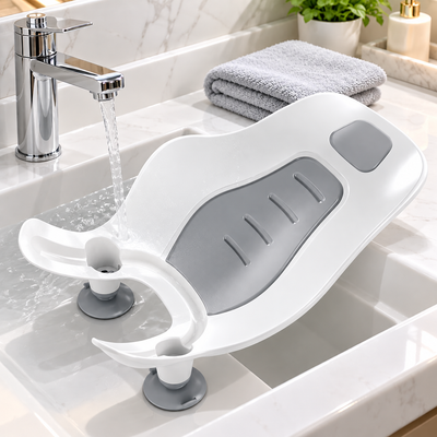 Baby Bottom Washer in Advanced Grey with grey cushioned insert and suction feet on a softly lit bathroom sink