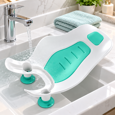 Baby Bottom Washer in Mint Green with mint cushioned insert and suction feet on a softly lit bathroom sink