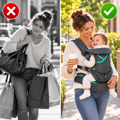 Before and after: tired mom loaded with shopping bags versus relaxed mom hands-free with her baby in the APYKIDZ carrier