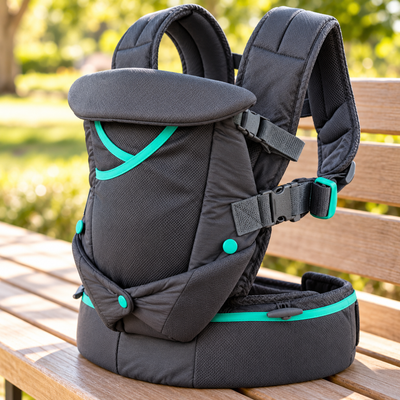 Close-up of the padded shoulder straps, buckles and waist belt of the APYKIDZ everyday baby carrier