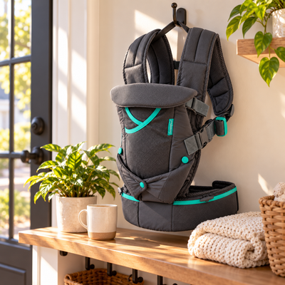 APYKIDZ baby carrier hanging on a hook in a cozy bright entryway with a plant and knitted blanket