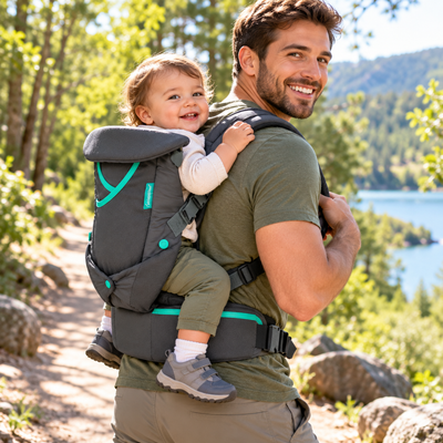 Dad carrying his baby on his back in the APYKIDZ baby carrier on a sunny hiking trail