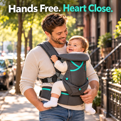 Hands Free. Heart Close. Smiling dad carrying his baby in the APYKIDZ baby carrier on a city street