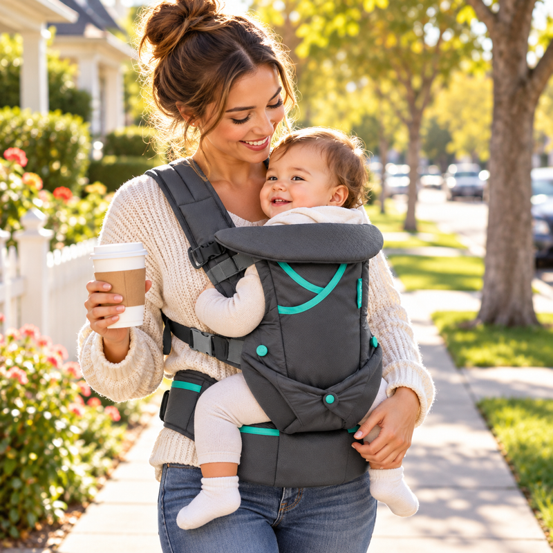 American mom carrying her baby on her chest in the APYKIDZ everyday baby carrier while walking on a sunny sidewalk with a coffee