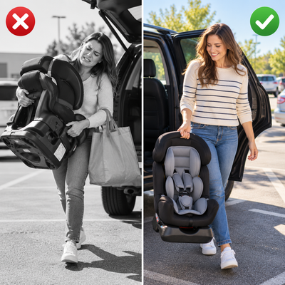 Before and after: struggling with a bulky heavy car seat versus easily carrying the lightweight Universal Car Seat