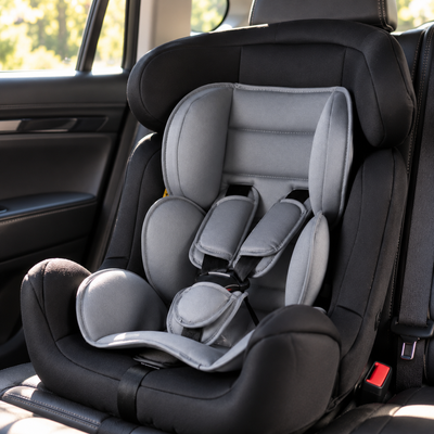 Close-up of the padded gray head support and harness pads on the black and gray car seat