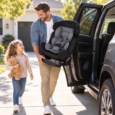 Dad carrying the lightweight black and gray car seat to the SUV with his daughter holding a teddy bear