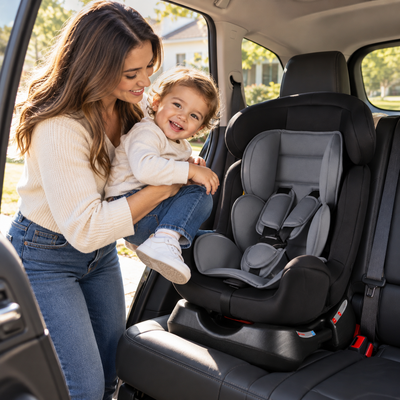 American mom smiling with her toddler beside the black and gray Universal Car Seat installed in the back seat of an SUV