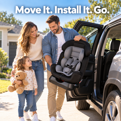 Move It. Install It. Go. - parents lifting the lightweight car seat beside their SUV