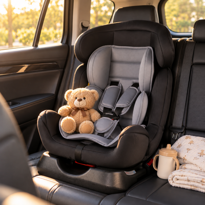 Universal Car Seat installed in a clean SUV with a teddy bear, blanket and sippy cup