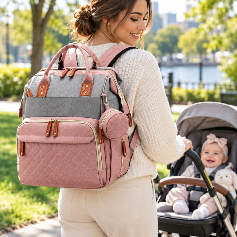 Diaper backpack worn by a parent while strolling with a baby in a sunny park