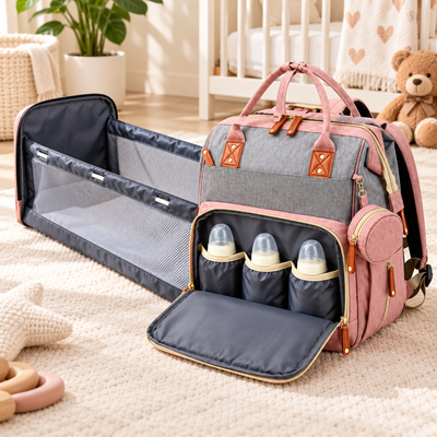 Diaper backpack open with fold-out changing pad extended and insulated bottle pockets holding bottles