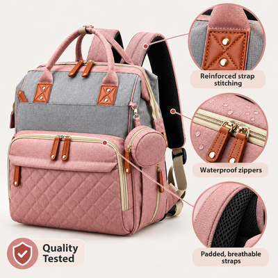 Diaper backpack construction infographic highlighting reinforced strap stitching, waterproof zippers, and padded breathable straps