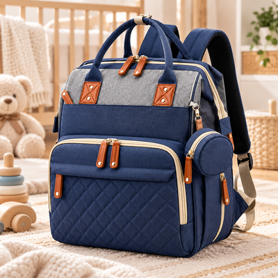 Navy blue and gray diaper backpack product photo in a softly lit nursery