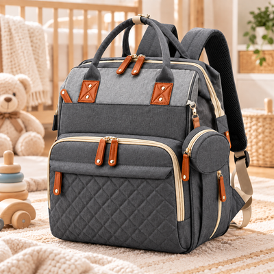 Dark gray diaper backpack product photo in a softly lit nursery