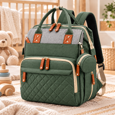Green diaper backpack product photo in a softly lit nursery