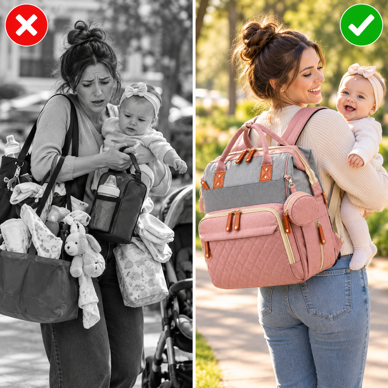 Before and after comparison of carrying multiple separate baby bags versus one organized diaper backpack