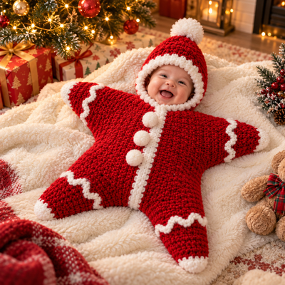 Santa-themed First Christmas star outfit on a happy baby in a cozy Christmas living room
