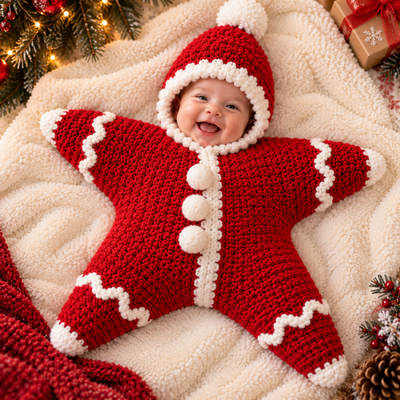 Top-down view of the red Santa-themed star-shaped First Christmas outfit with visible knit detail and happy baby