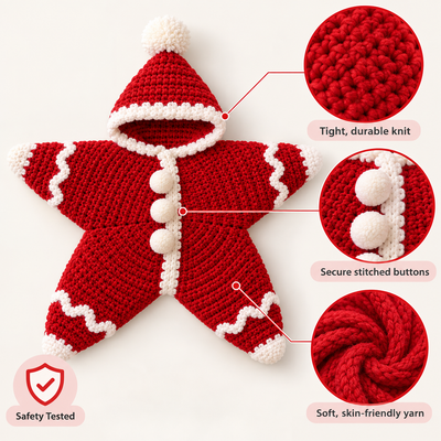 First Christmas star outfit construction infographic showing tight knit stitching, secure buttons, and soft yarn texture