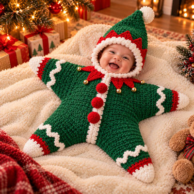 Elf-themed green star-shaped First Christmas outfit on a happy baby in a cozy Christmas living room
