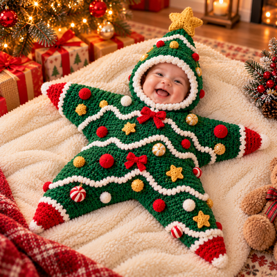 Christmas Tree-themed green star-shaped First Christmas outfit with ornaments and star topper on a happy baby