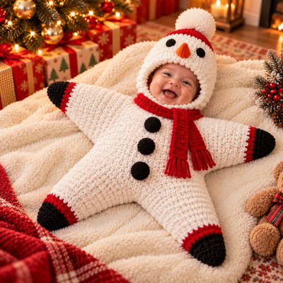 Snowman-themed white star-shaped First Christmas outfit with snowman details on a happy baby