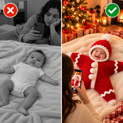 Before-and-after comparison showing a plain baby outfit versus the red star-shaped First Christmas keepsake outfit