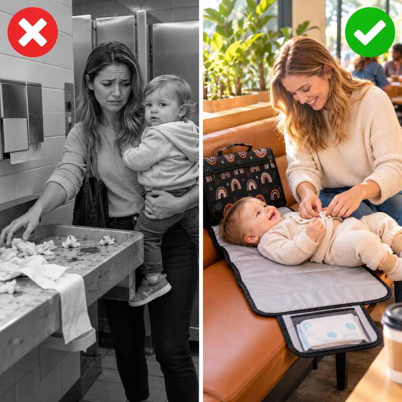 Before and after: mom in a dirty public restroom versus relaxed in a cafe with the foldable changing pad