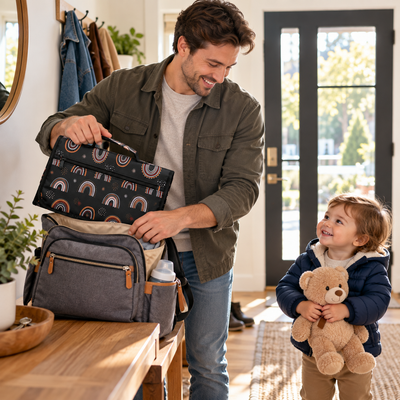 Dad slipping the folded rainbow changing pad clutch into a diaper bag while his toddler waits holding a teddy bear