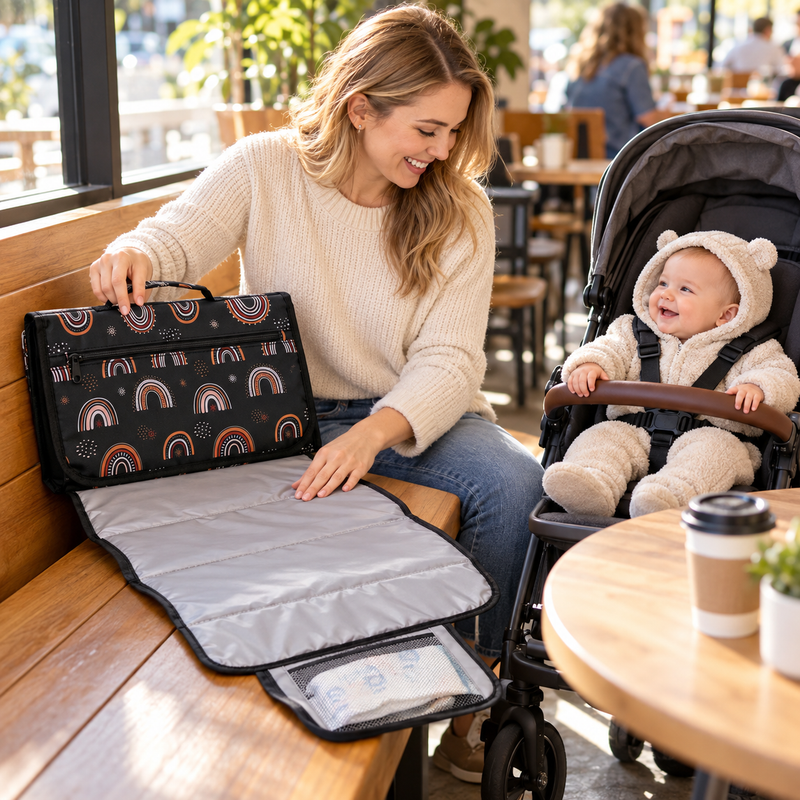 American mom in a cafe unfolding the black rainbow-pattern foldable changing pad on a bench beside her smiling baby in a stroller
