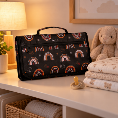 Folded rainbow changing pad clutch on a nursery shelf with baby blankets, pacifier and plush bunny in warm lamp light