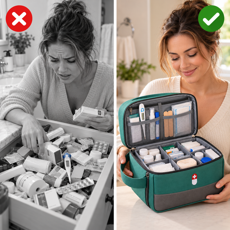 Before and after: mom searching a messy drawer of medicine versus calmly holding the organized medical bag