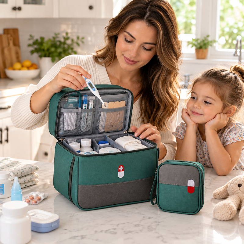 American mom opening the green medical bag in a bright kitchen and taking out a thermometer while her daughter watches