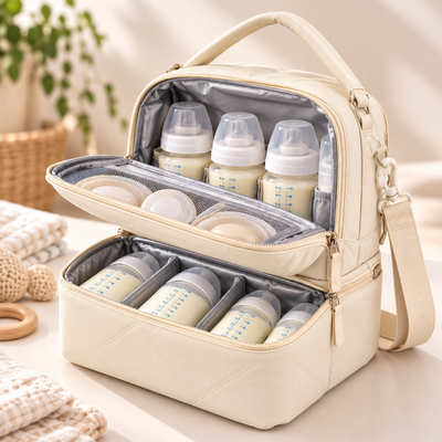 Milk Cooler Bag open showing two storage compartments, insulated lining, and neatly organized milk bottles