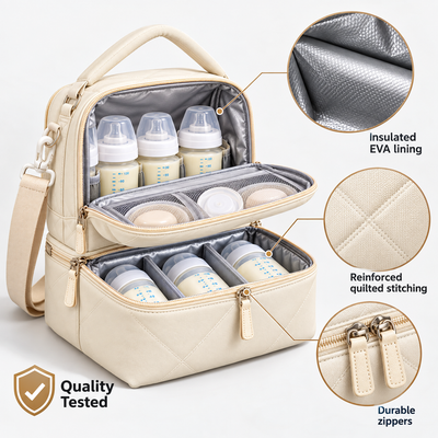 Milk Cooler Bag construction infographic highlighting insulated EVA lining, reinforced quilted stitching, and durable zippers