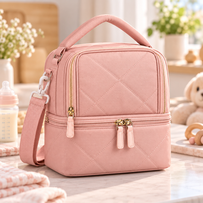 Dusty pink Milk Cooler Bag product photo on a softly lit neutral nursery-inspired countertop